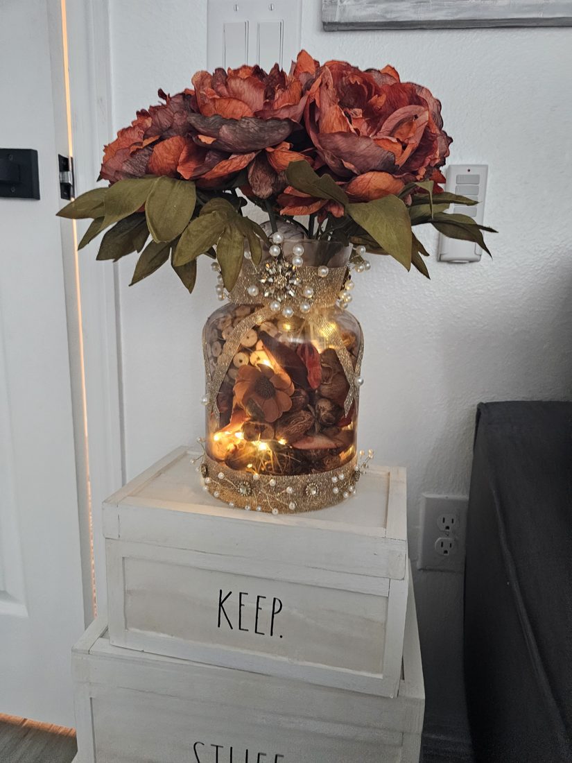 Autumn Pearl, a handmade lit floral arrangement