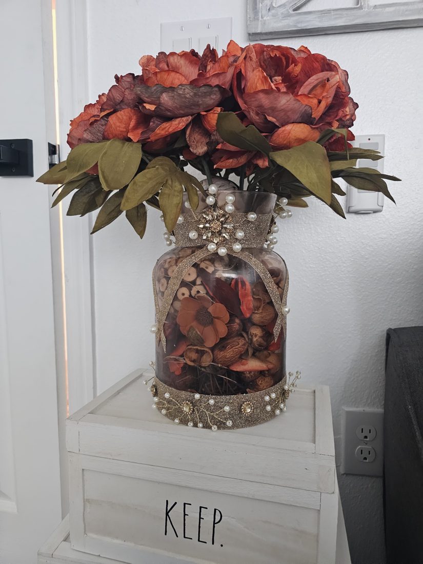 Autumn Pearl, Second Light, a handmade lit floral arrangement