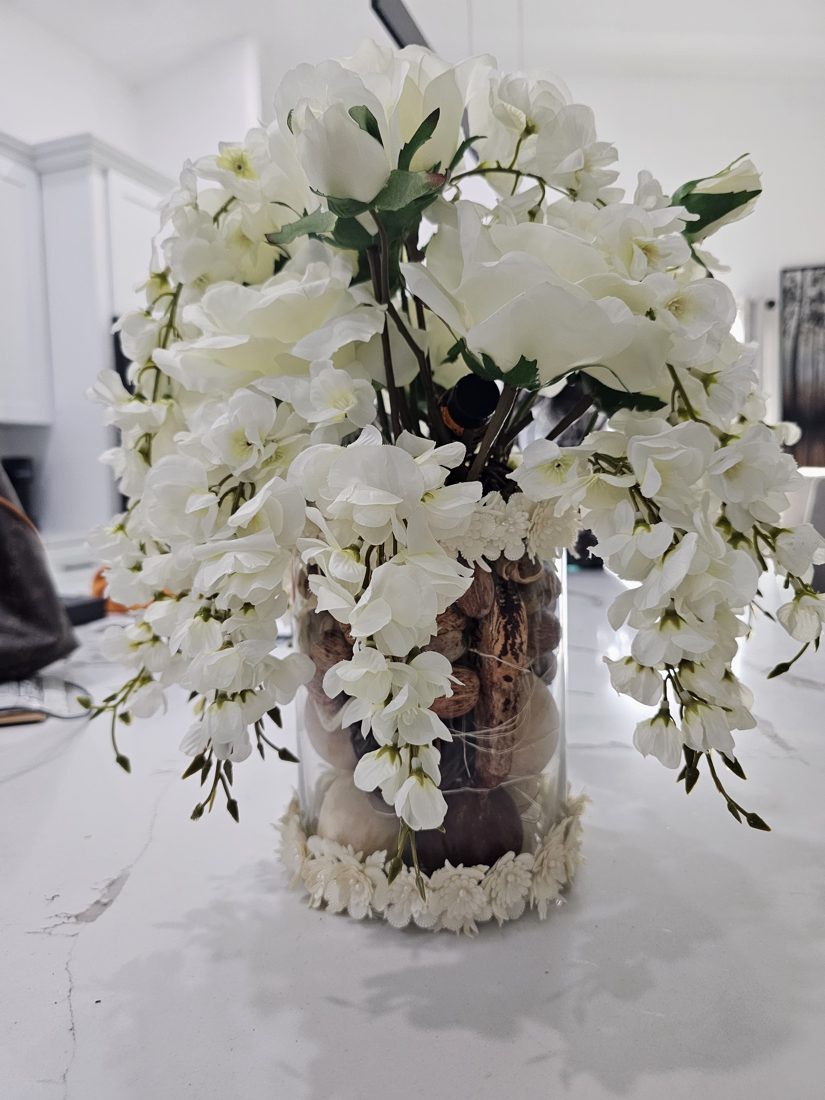 White Cascade, a handmade lit floral arrangement
